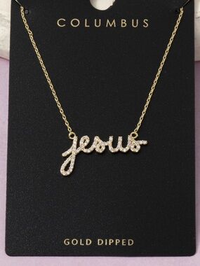 Gold Dipped ‘Jesus' Script Necklace - Pave Crystal Pendant